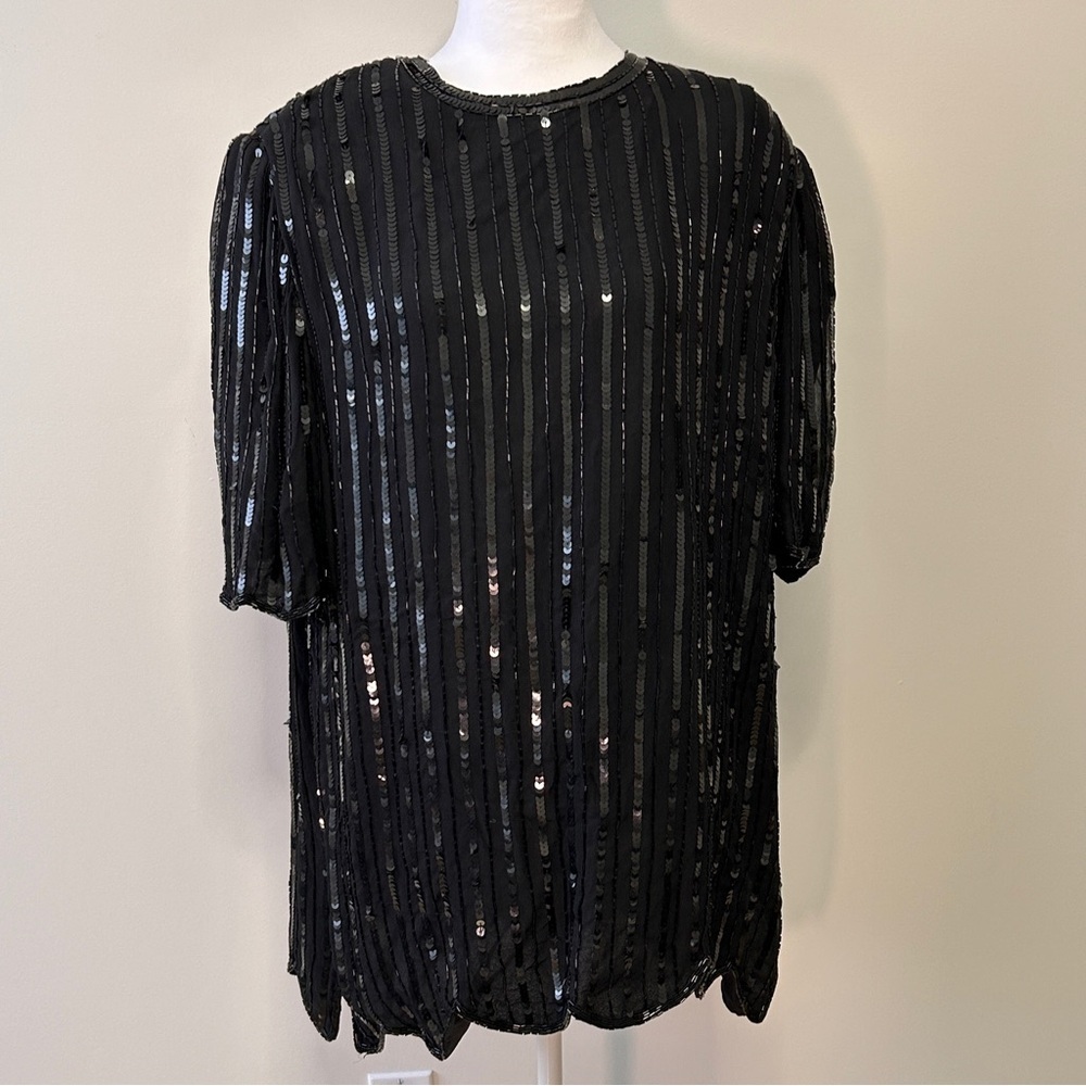 Holt Renfrew Women’s XL Elegant Black Sequin Tunic Top Scalloped Hem Holiday